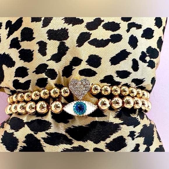 Gold Ball Bead Bracelets Set Evil Eye & Heart with Crystals‎ - Picture 1 of 3